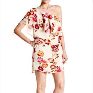 Haute Hippie Floral One Shoulder Dress Ruffle L